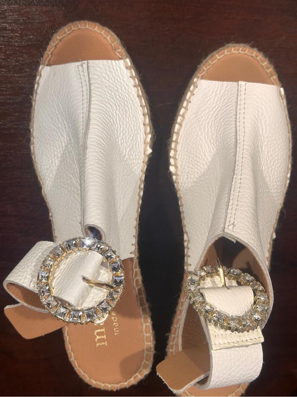 White Leather Espadrille Sandals with Crystal Buckle